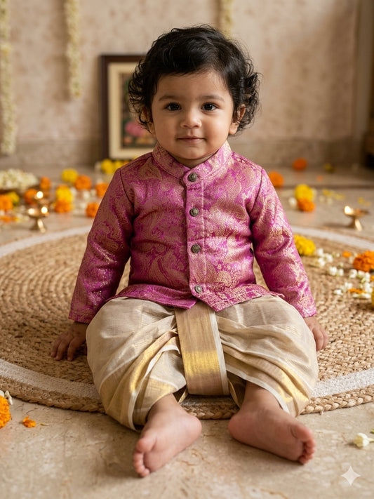 Gulabi Paisley Light Pink Banarasi kurta with traditional gold dhoti ethnic wear for baby boy
