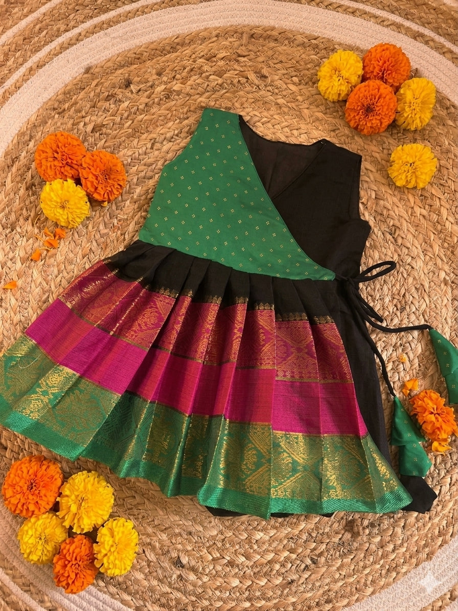 Mul cotton Black & Green Angrakha-Style  Ethnic Wear for Baby Girl – Traditional frock for Baby Girl