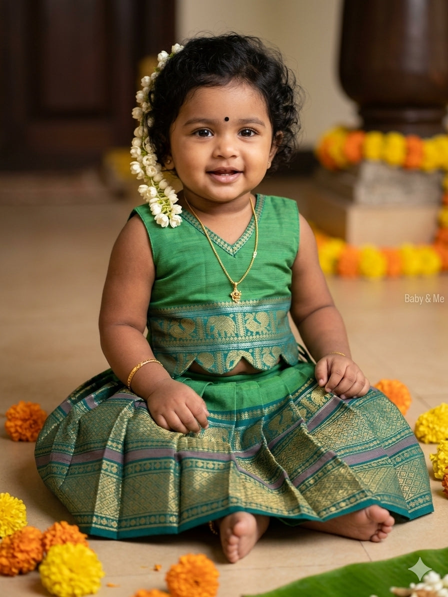 Mayuri Emerald Green - Kanchi border green handloom cotton sleeveless heritage langa blouse for baby girl