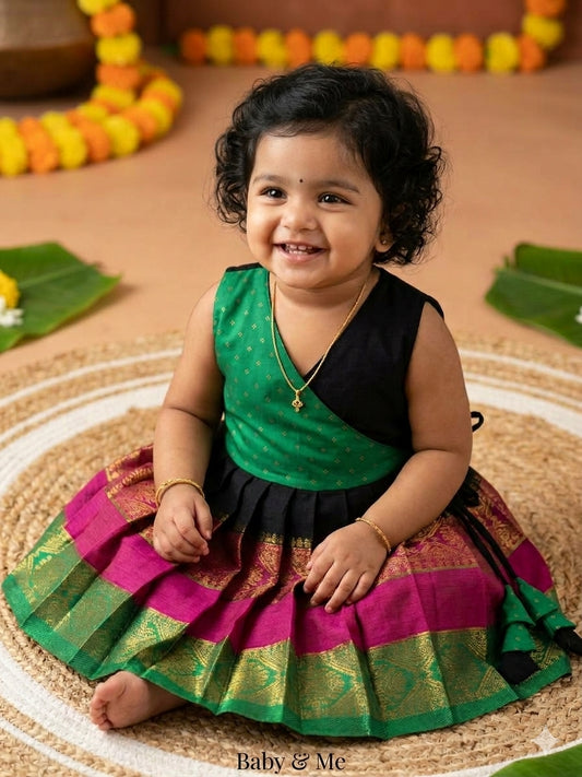 Mul cotton Black & Green Angrakha-Style  Ethnic Wear for Baby Girl with matching head bow – Traditional frock for Baby Girl