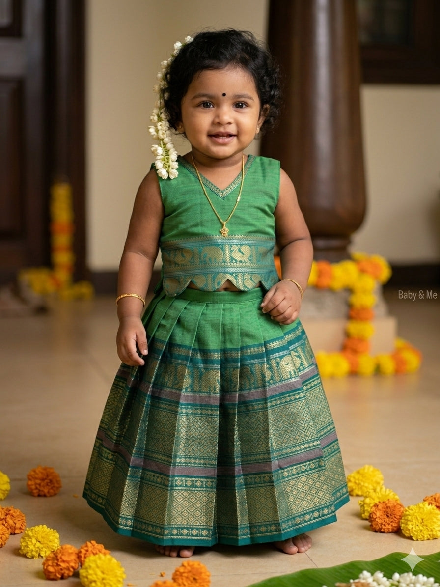 Mayuri Emerald Green - Kanchi border green handloom cotton sleeveless heritage langa blouse for baby girl