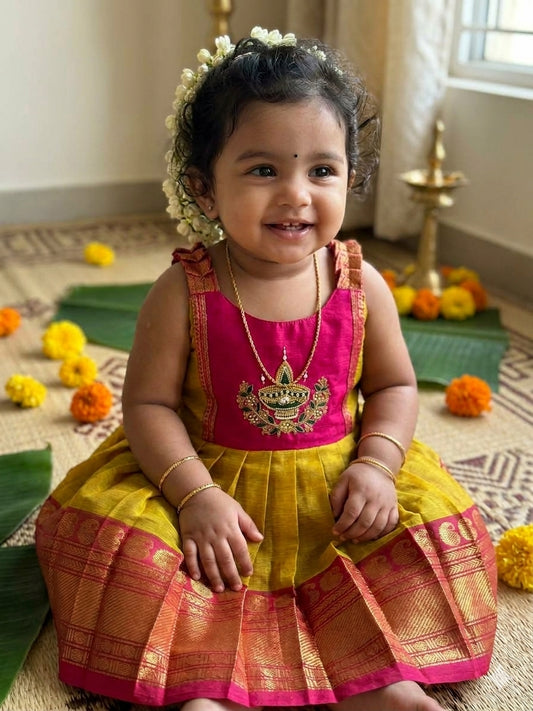 Turmeric yellow with pink Diya Embroidery Ethnic Wear for Baby Girl – Traditional frock for Baby Girl