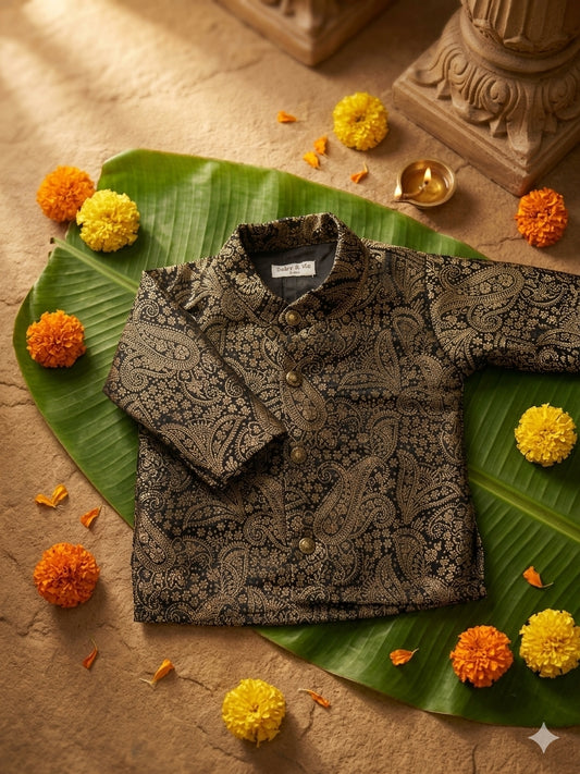 Royal Black Festive Banarasi Traditional Kurta for baby boy ethnic top wear