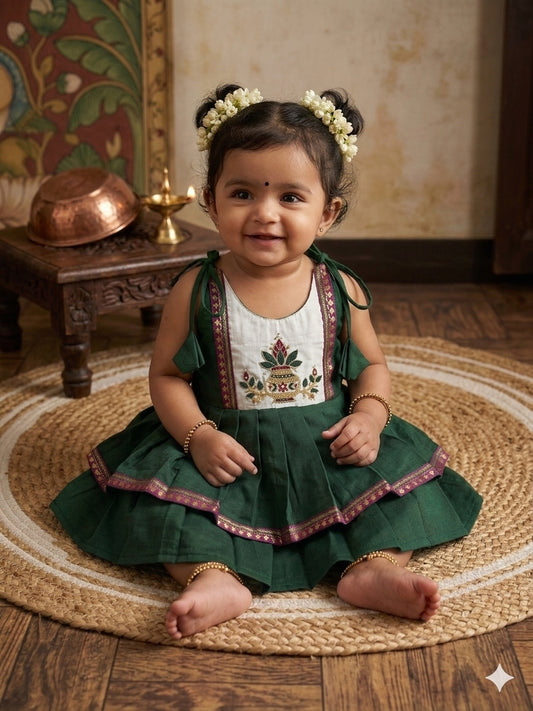 Royal Green Heritage Kalash Hand-Embroidered Multi-Layered Ethnic Wear for Baby Girl – Traditional frock for Baby Girl