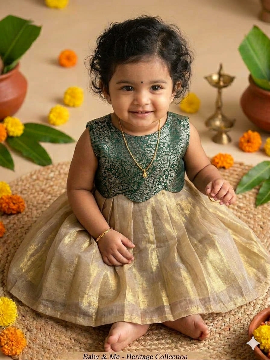 Royal Green & Golden Gleam  Scallop Gown Ethnic Wear for Baby Girl – Birthday frock for Baby Girl