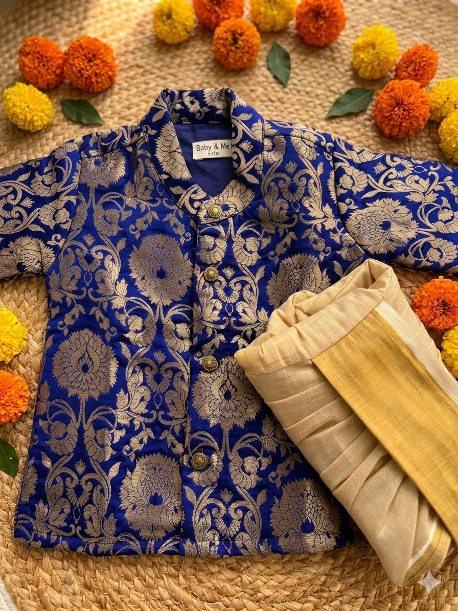 Royal blue banarasi kurta with traditional gold dhoti ethnic wear for baby boy