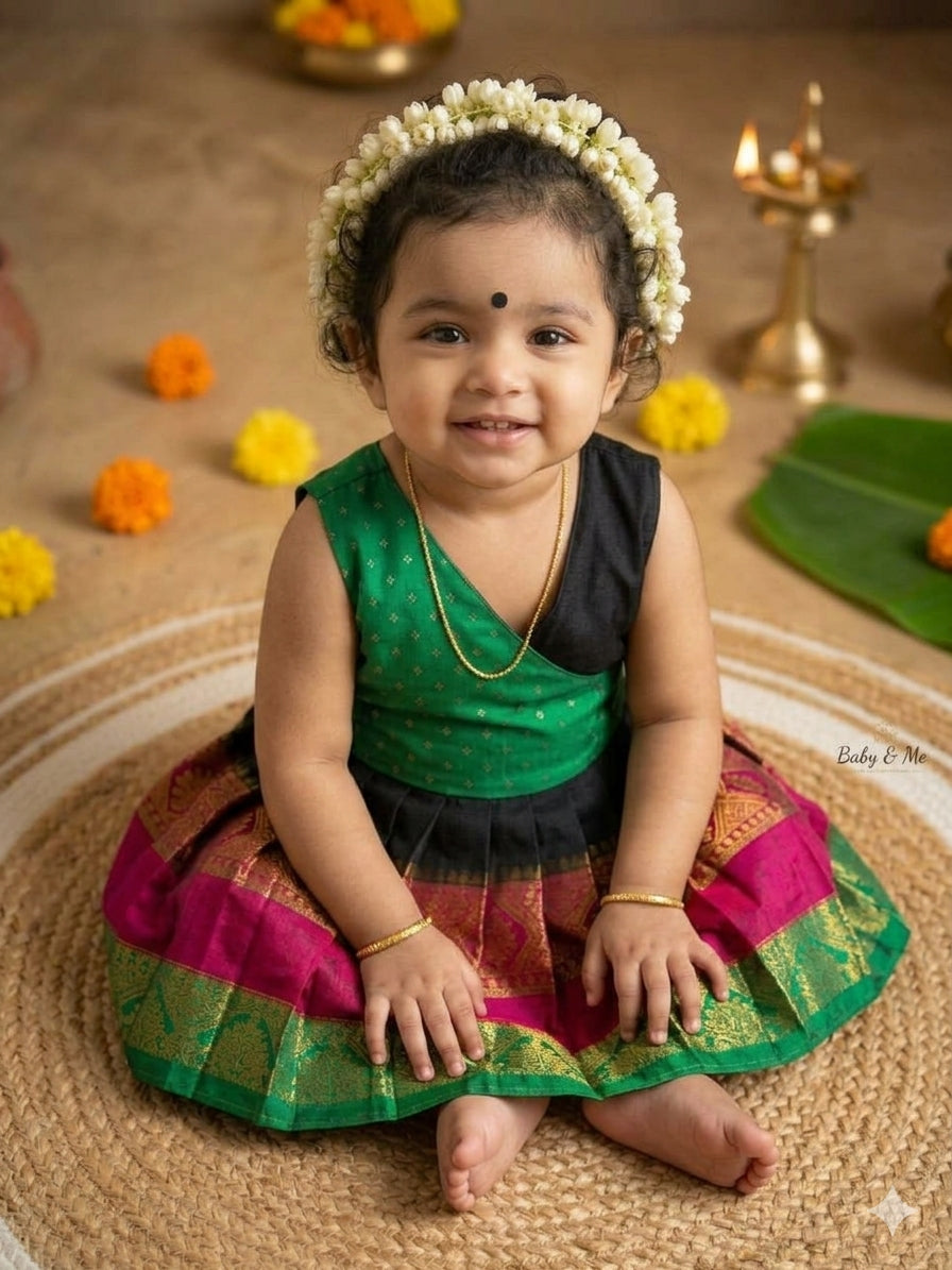Mul cotton Black & Green Angrakha-Style  Ethnic Wear for Baby Girl – Traditional frock for Baby Girl