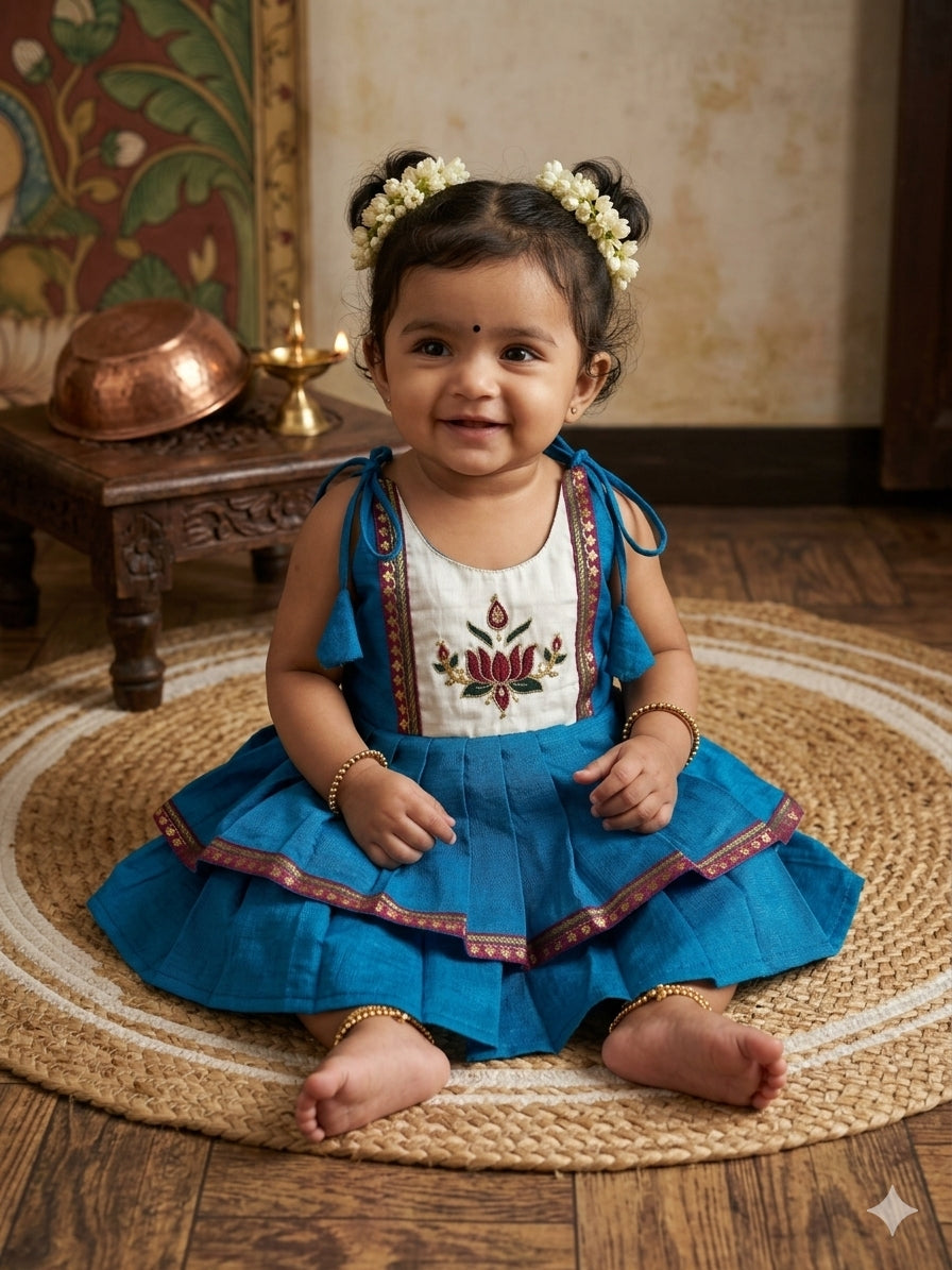 Peacock Blue Lotus Embroidered Multi-Layered Ethnic Wear for Baby Girl – Traditional frock for Baby Girl