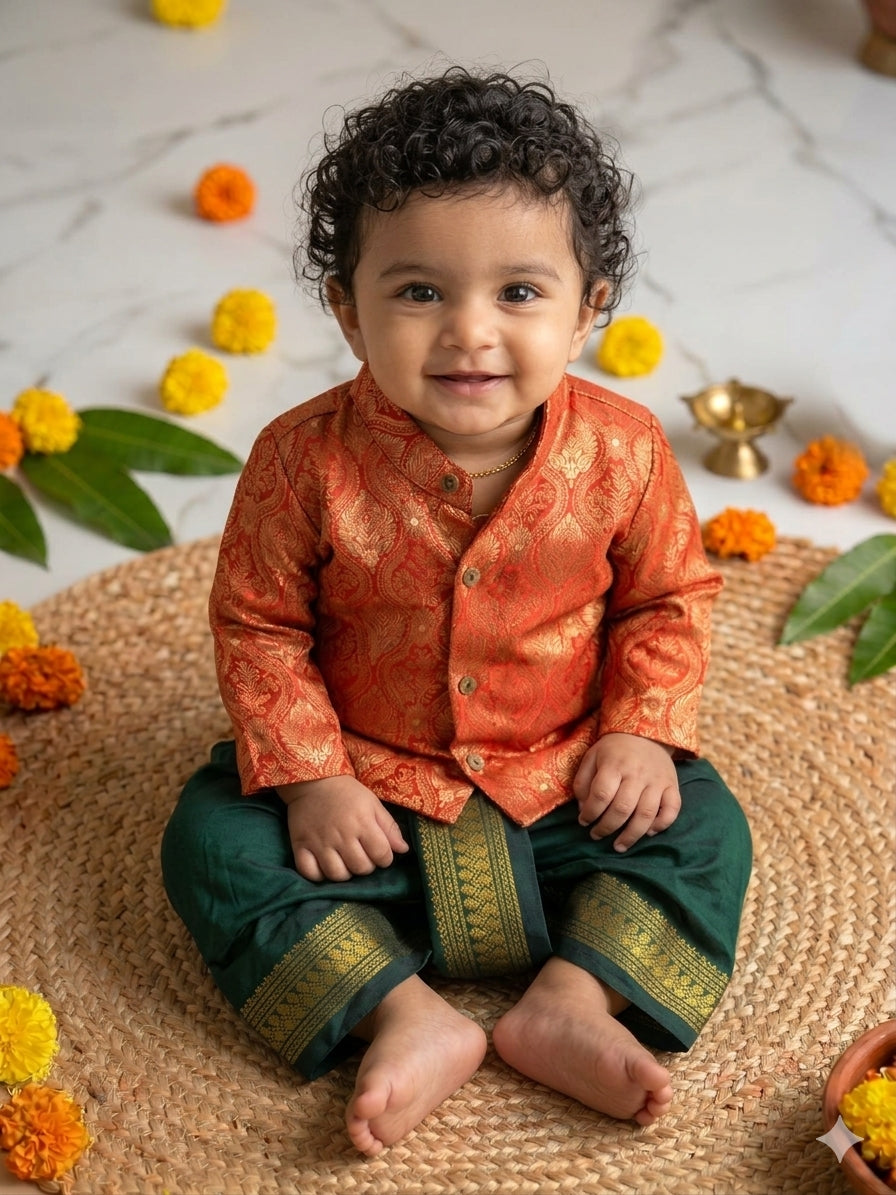 Orange banarasi kurta with traditional Bottle green dhoti ethnic wear for baby boy