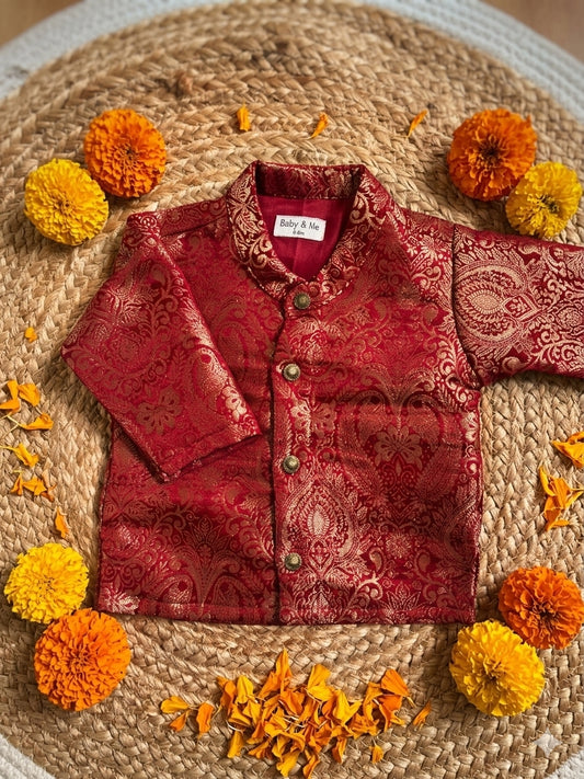 Maharaja Royal Maroon Banarasi Traditional Kurta for baby boy ethnic top wear