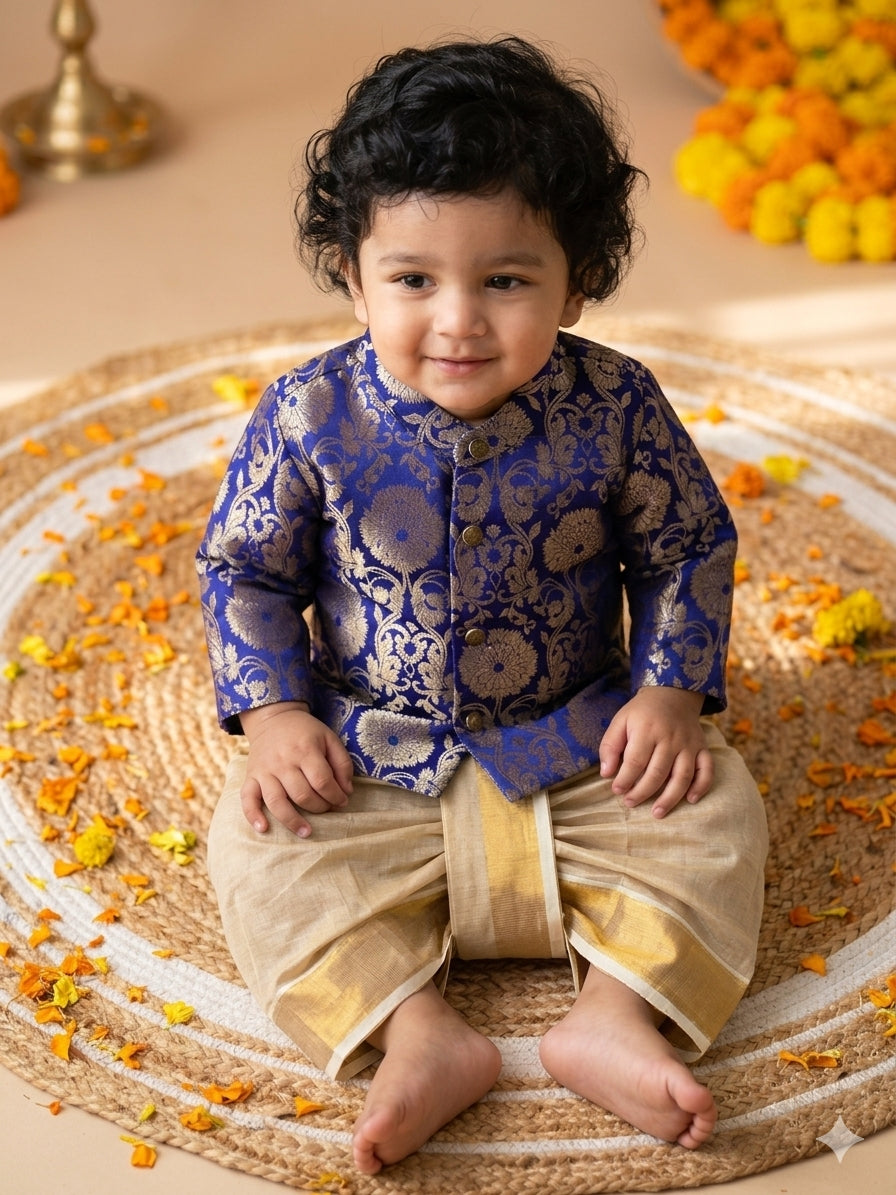 Royal blue banarasi kurta with traditional gold dhoti ethnic wear for baby boy