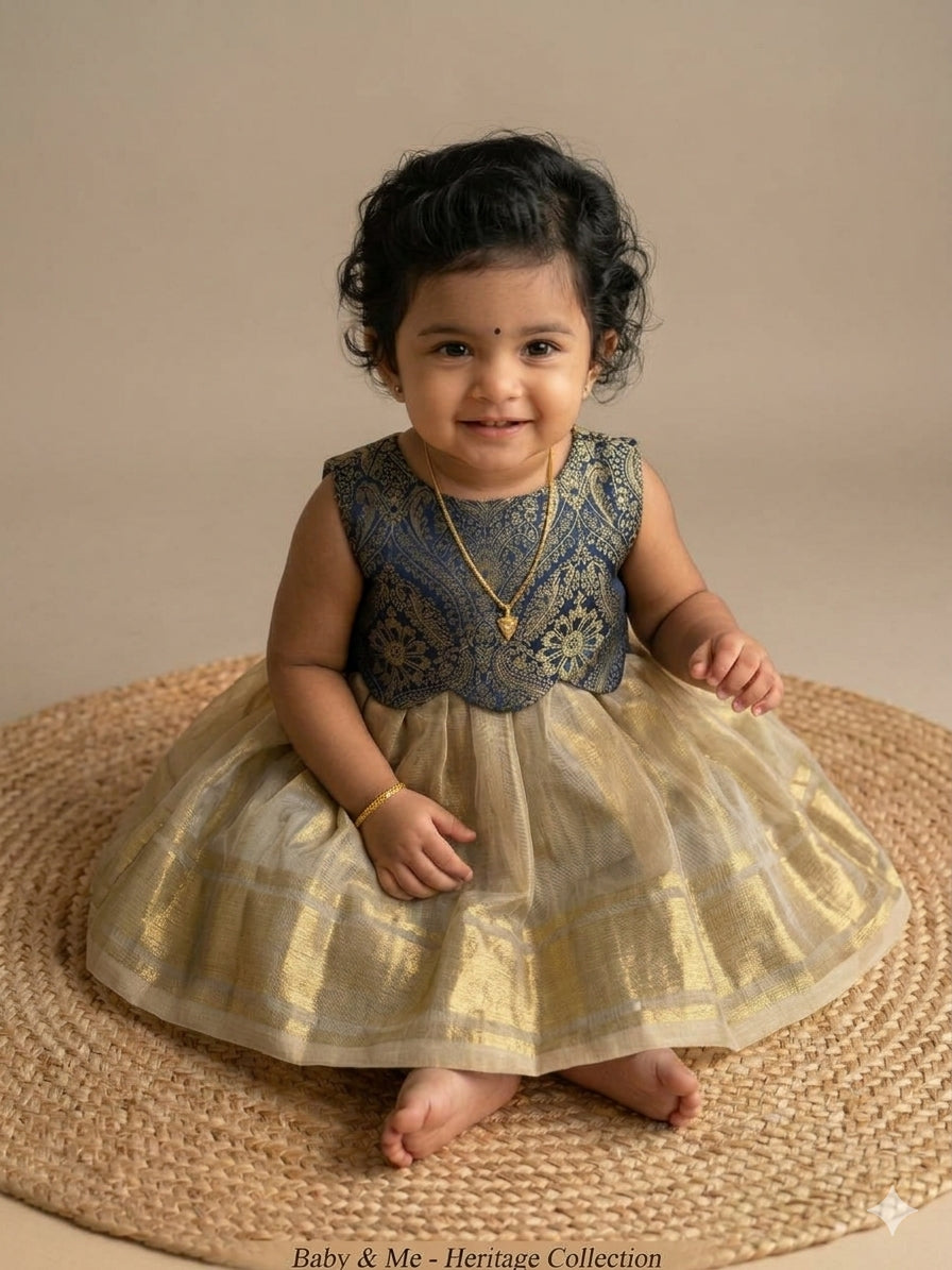 Royal Black & Golden Gleam  Scallop Gown Ethnic Wear for Baby Girl – Birthday frock for Baby Girl