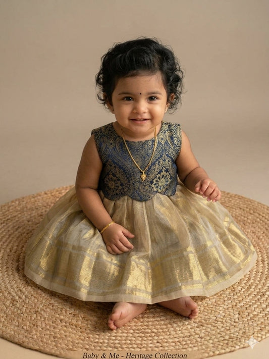 Royal Black & Golden Gleam  Scallop Gown Ethnic Wear for Baby Girl – Birthday frock for Baby Girl