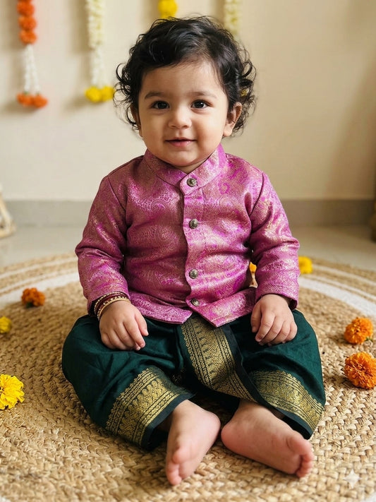Gulabi Paisley Light Pink Banarasi kurta with traditional Bottle green dhoti ethnic wear for baby boy