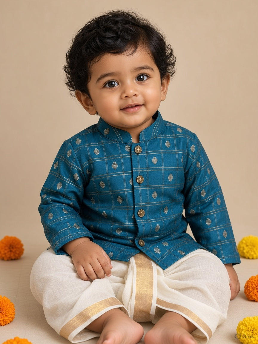 Aqua blue reshme chowka kurta with white dhoti traditional ethnic wear for baby boy