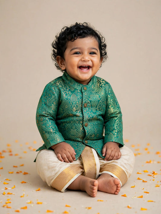 Pista green banarasi royal kurta with traditional gold dhoti ethnic wear for baby boy