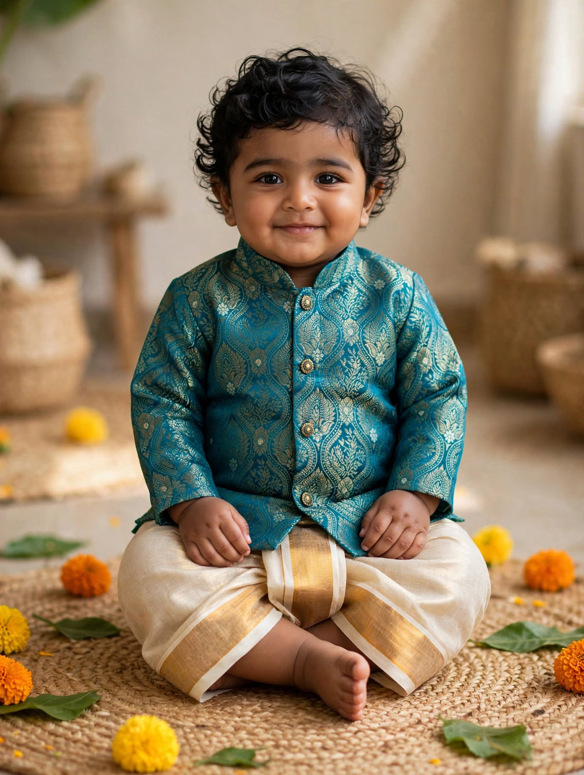 Peacock green banarasi royal kurta with traditional gold dhoti ethnic wear for baby boy