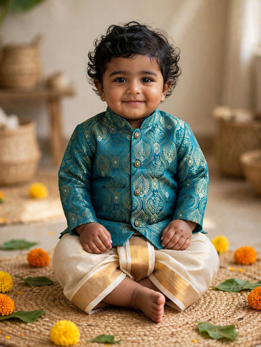 Peacock green banarasi royal kurta with traditional gold dhoti ethnic wear for baby boy