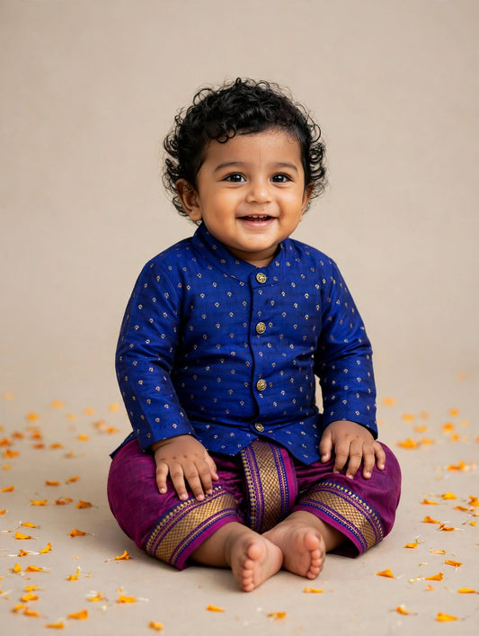 Navy blue with pink mangalagiri cotton traditional kurta dhoti for baby boy