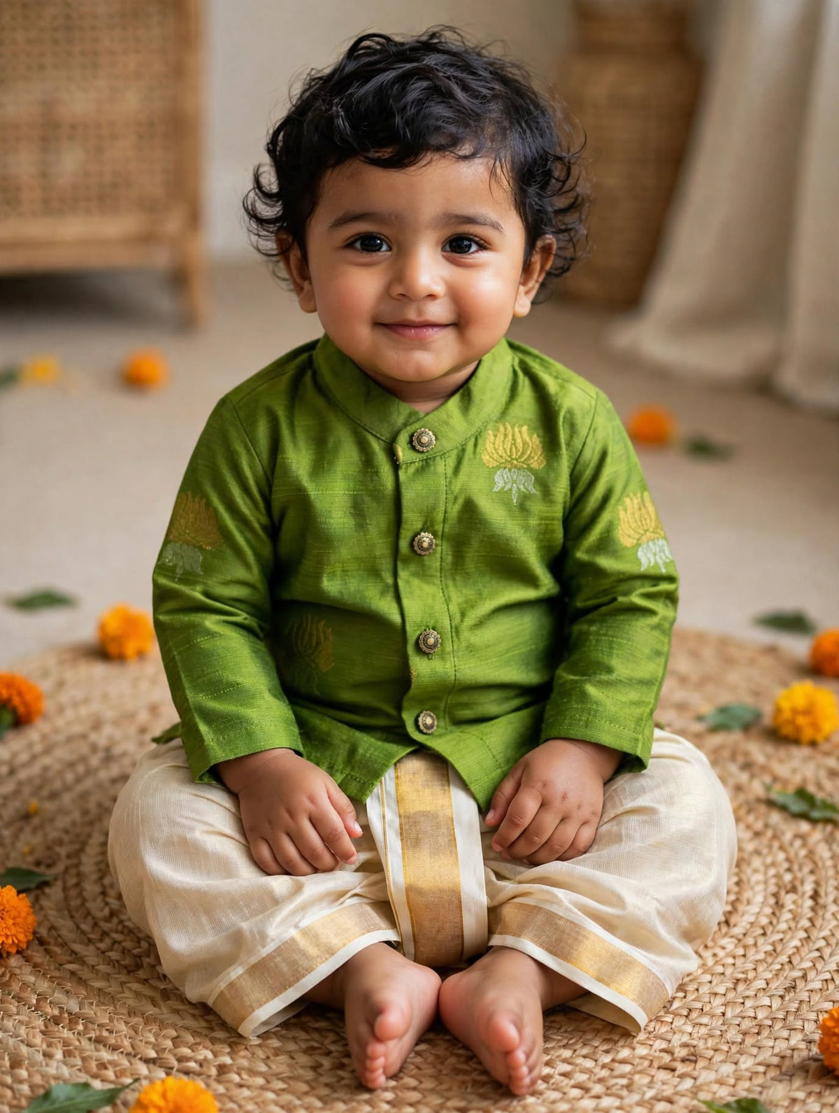 Nature green lotus weave cotton silk kurta with gold Dhoti for Boys – Traditional South Indian Ethnic Wear for Baby Boy