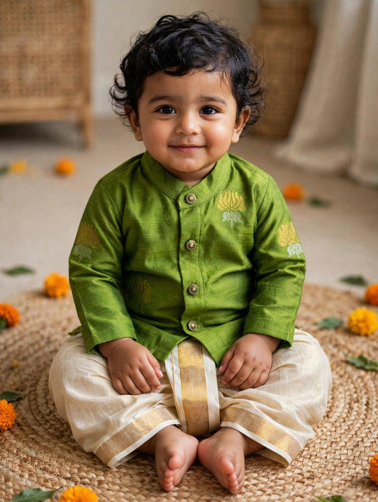 Nature green lotus weave cotton silk kurta with gold Dhoti for Boys – Traditional South Indian Ethnic Wear for Baby Boy