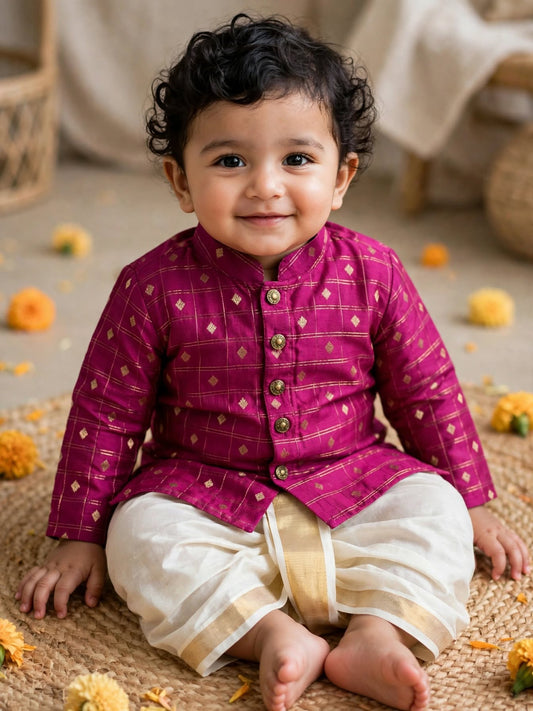 Festive pink with cream reshme chowka Kurta Dhoti for baby boy - Festive Collection