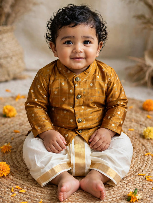 Honey gold with cream reshme chowka Kurta Dhoti for baby boy - Festive Collection
