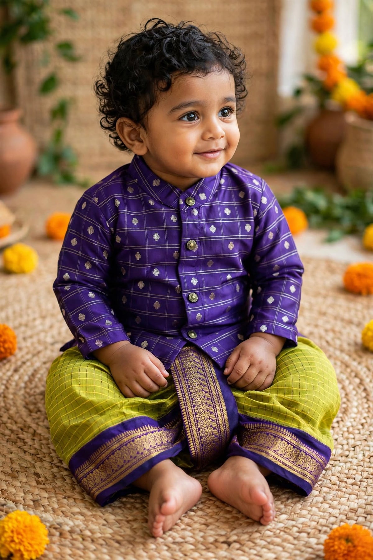 Purple reshme chowka Kurta with green dhoti traditional ethnic wear for baby boy