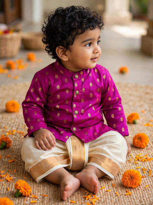 Dark pink kurta traditional gold dhoti ethnic wear for baby boy