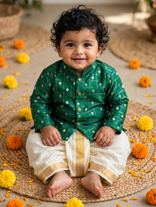 Green with cream reshme chowka Kurta Dhoti for baby boy - Festive Collection
