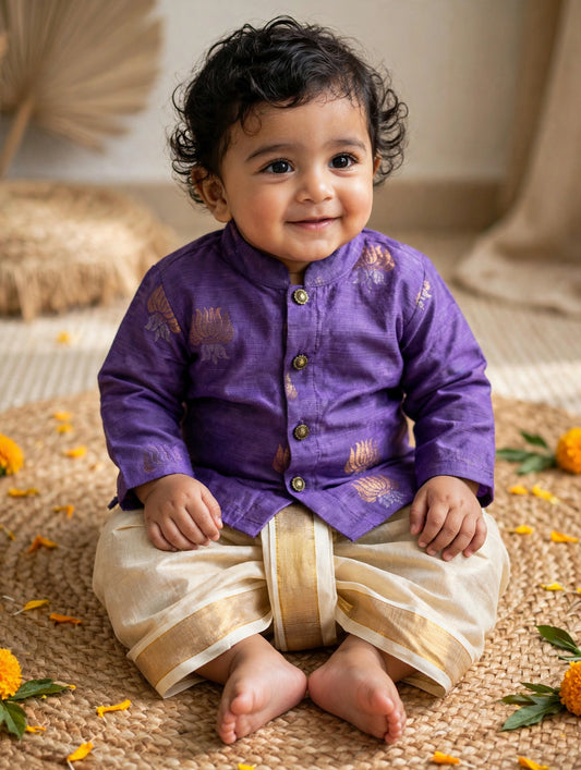 Purple lotus weave cotton silk kurta with gold Dhoti for Boys – Traditional South Indian Ethnic Wear for Baby Boy