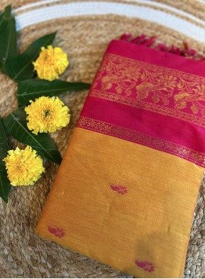 Mango Yellow with Hot Pink(9 Yards) - Premium Cotton Silk Saree with Contrast Blouse