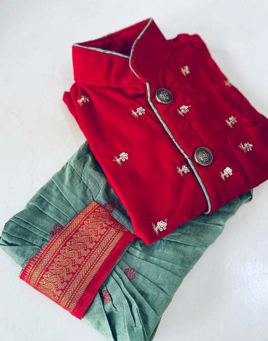Velvet Red and saraswati color kurta dhoti ethnic wear for baby boy