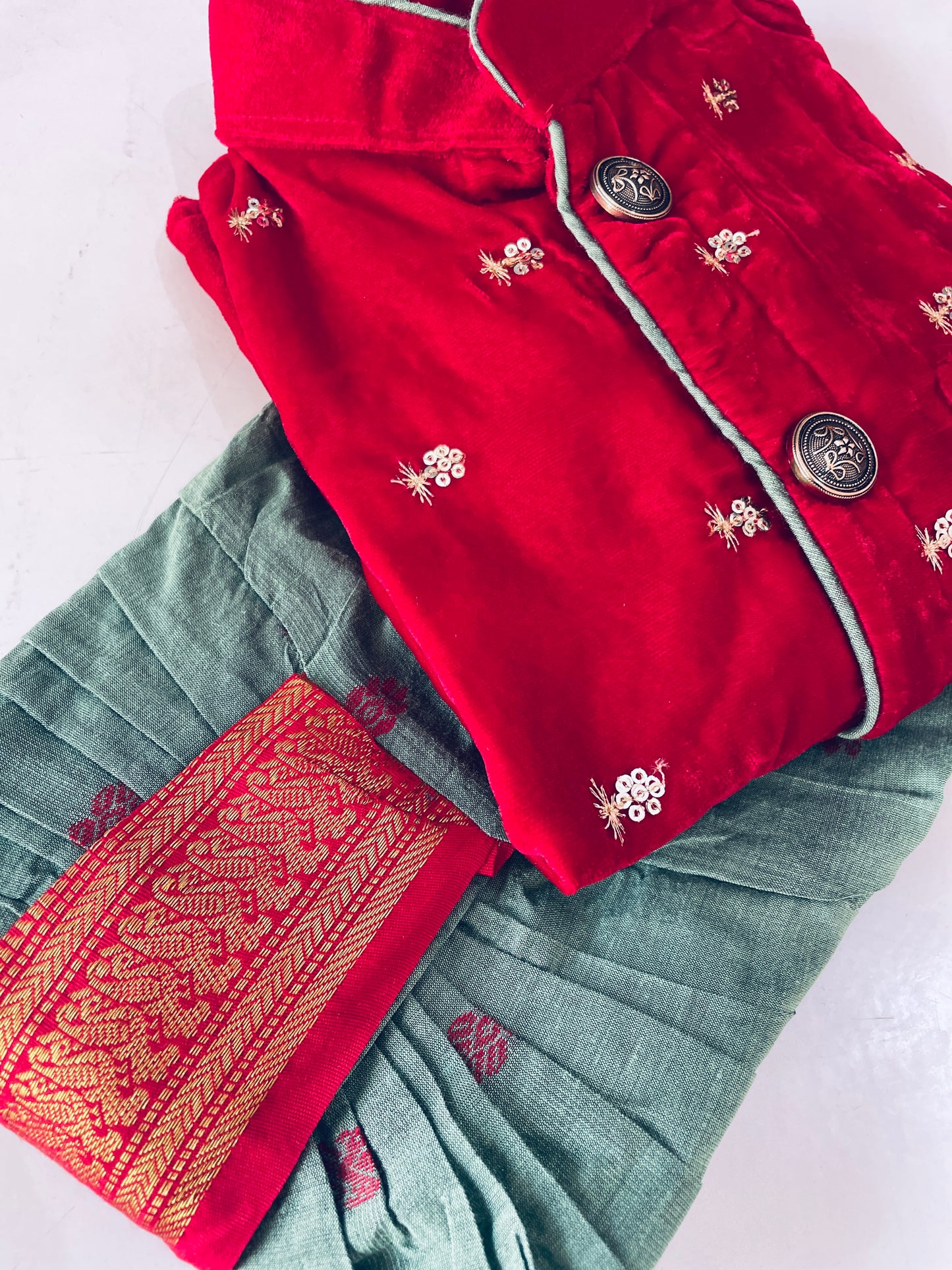 Velvet Red and saraswati color kurta dhoti ethnic wear for baby boy