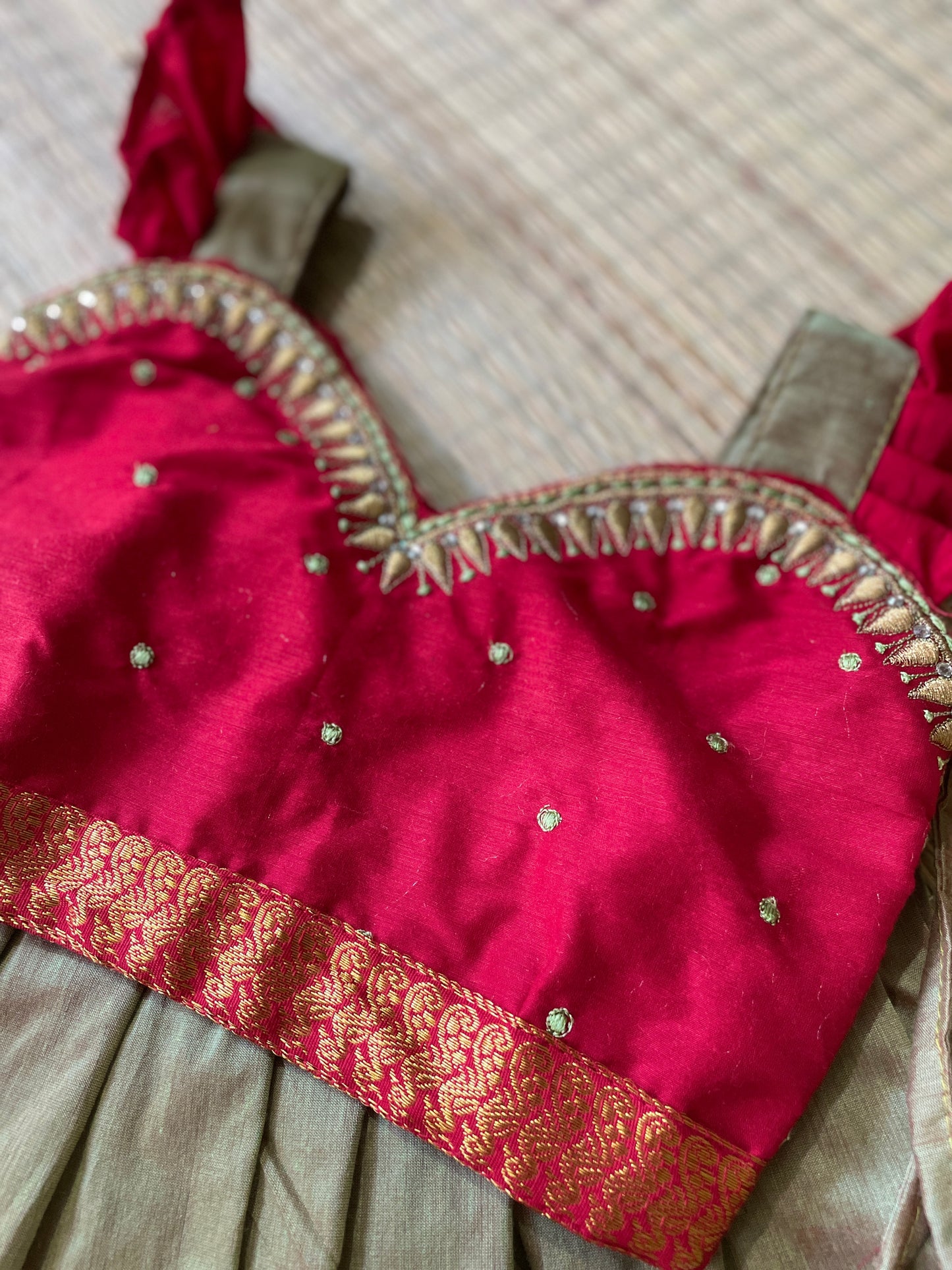 Saraswati and red colour langa blouse embroideried zari border for baby girl