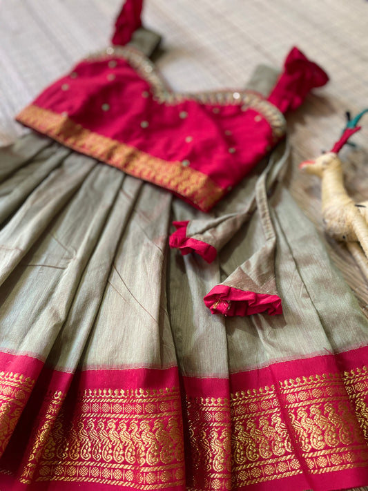 Saraswati and red colour langa blouse embroideried zari border for baby girl