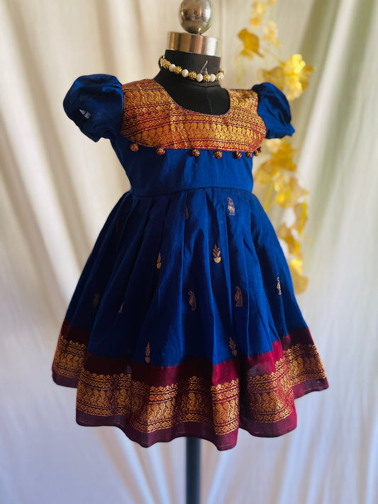 Traditional blue with maroon zari border kalyani cotton dress for baby girl